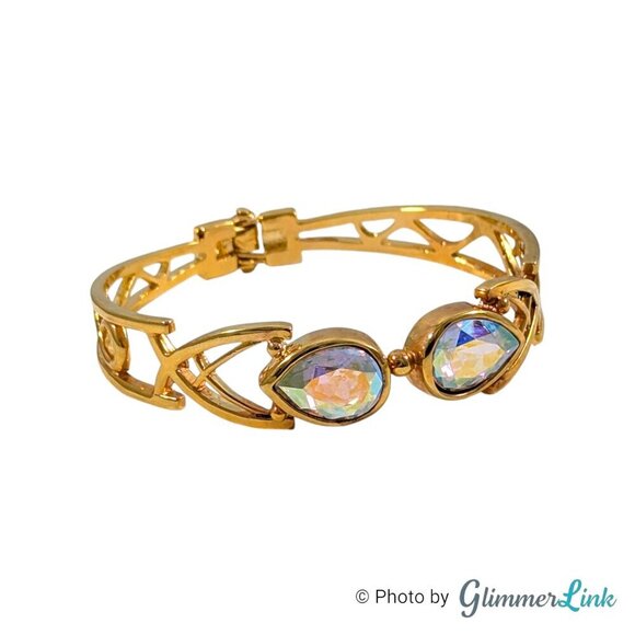 Aurora Borealis AB Teardrop Gold Tone Hinged Cuff Gold Tone Bracelet - Picture 1 of 13